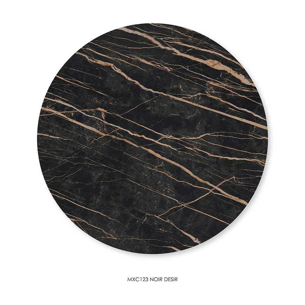 Top view of the Noir Desir ceramic surface used in Coffee Table TSURUGI Ø90cm, showcasing its rich black tone with warm natural veining.