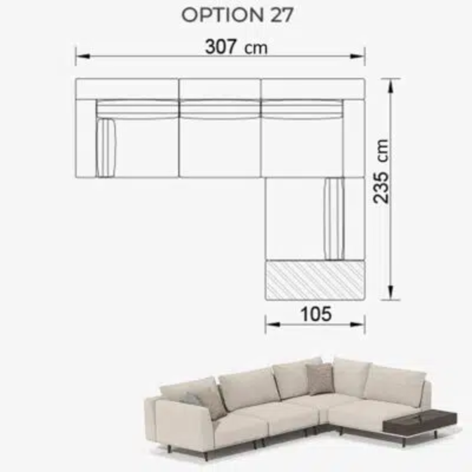 Sofa Love Gray 307cm with Sidetable