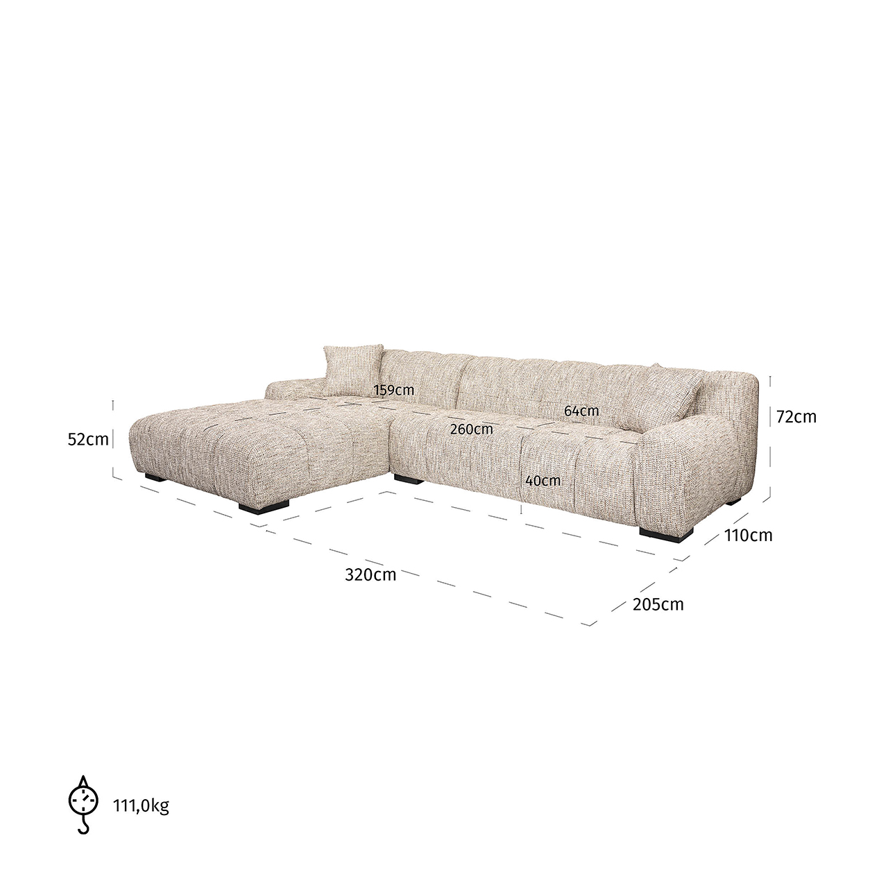 Sofa Hazel 3-seater + lounge left trendy nature (Be Trendy 01 Nature) - 326×204cm