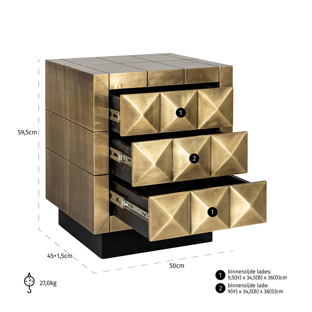 Nightstand Collada 3-drawers (Brushed Gold)