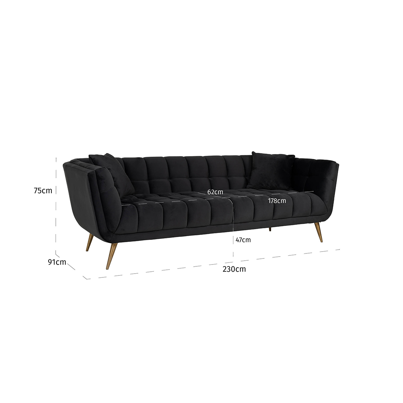 Sofa Huxley Antraciet velvet / Brushed gold (Quartz Antraciet 801) -  230x91cm