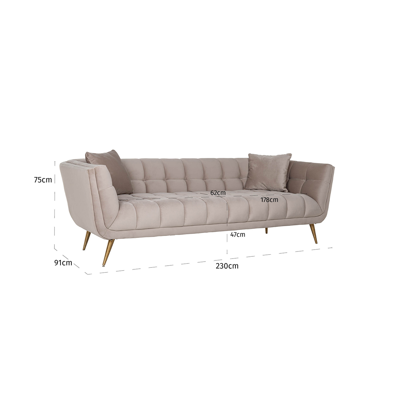 Sofa Huxley Khaki velvet / Brushed gold (Quartz Khaki 903) -  230x91cm